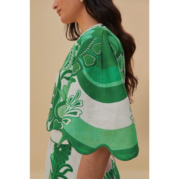 Farm Rio Green Color Festival Euroflax Linen Blouse Crop Top Size S - Picture 5 of 13